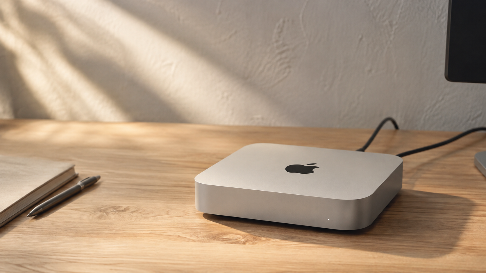 Illustrative Mac mini on a sunlit desk.